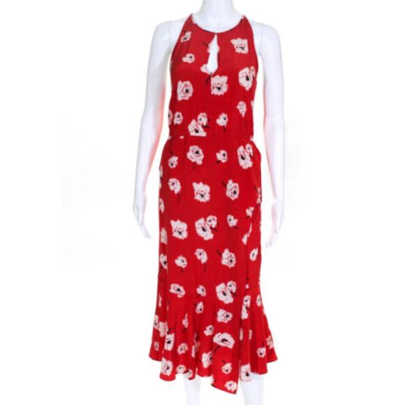 Derek Lam 10 Crossby Red Poppy Silk Dress Women Size 0 Halter Faux Wrap Floral - Picture 1 of 8